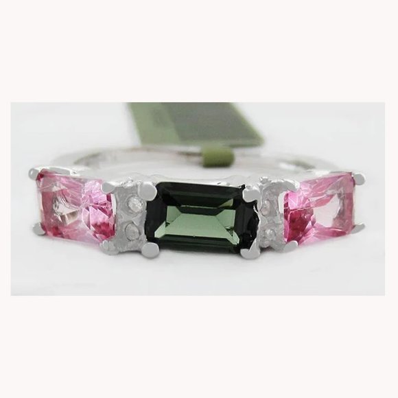 Genuine Pink Sapphire, Tsavorite & Diamond Ring 10K White Gold